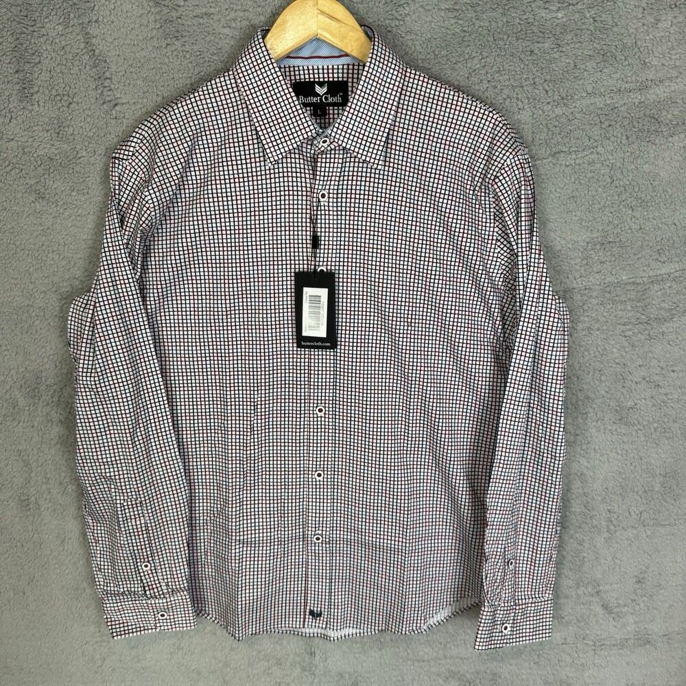 S Butter Cloth Shirt Men Large Blue Red Check‎ Long Sleeve Button Up Cotton